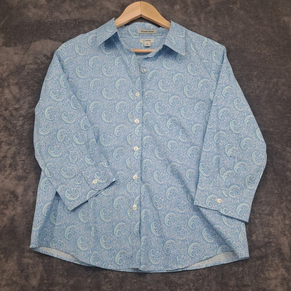 L.L. Bean Blue Paisley Wrinkle Resist Button Down Shirt Medium Petite Boho